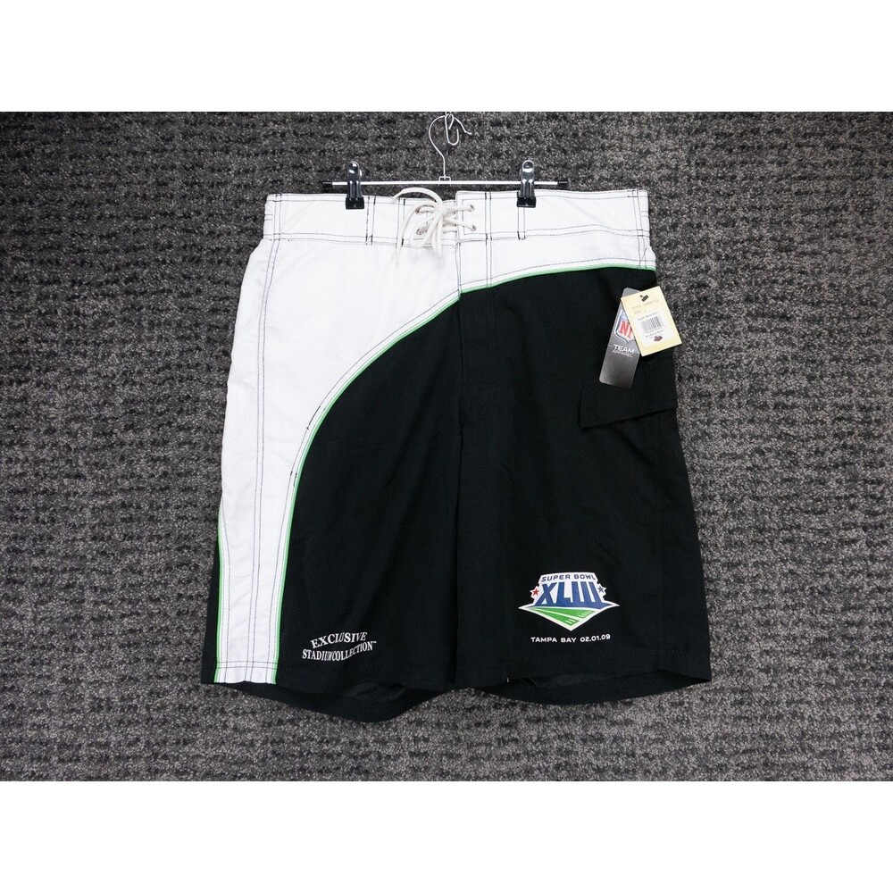 Super Bowl XLIII Boardshorts Mens Large Black White Lined NFL 2009 Tampa Bay NWT